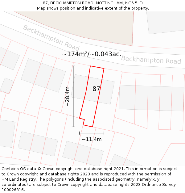 87, BECKHAMPTON ROAD, NOTTINGHAM, NG5 5LD: Plot and title map