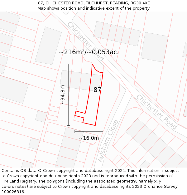 87, CHICHESTER ROAD, TILEHURST, READING, RG30 4XE: Plot and title map