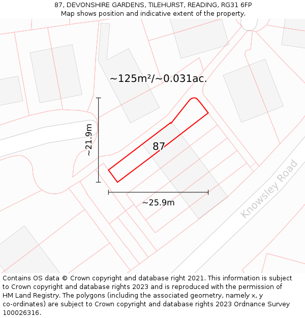 87, DEVONSHIRE GARDENS, TILEHURST, READING, RG31 6FP: Plot and title map
