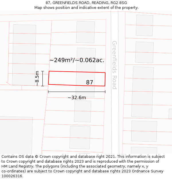 87, GREENFIELDS ROAD, READING, RG2 8SG: Plot and title map