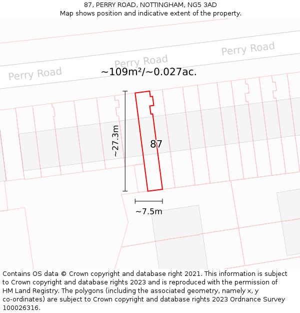 87, PERRY ROAD, NOTTINGHAM, NG5 3AD: Plot and title map