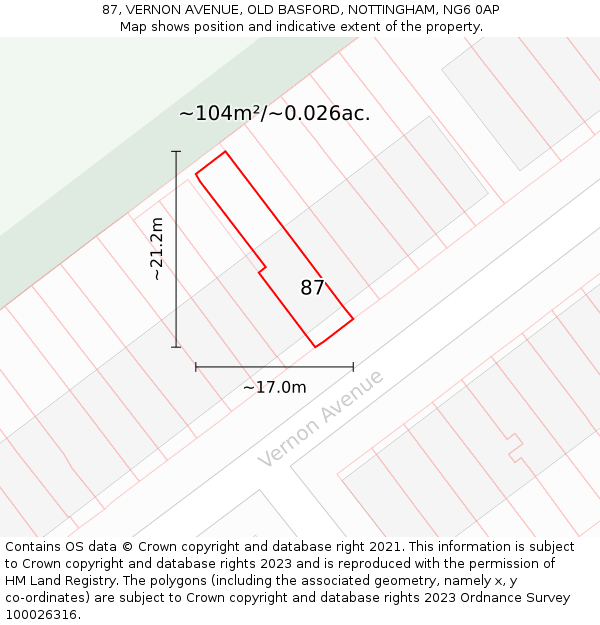 87, VERNON AVENUE, OLD BASFORD, NOTTINGHAM, NG6 0AP: Plot and title map