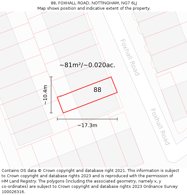 88, FOXHALL ROAD, NOTTINGHAM, NG7 6LJ: Plot and title map