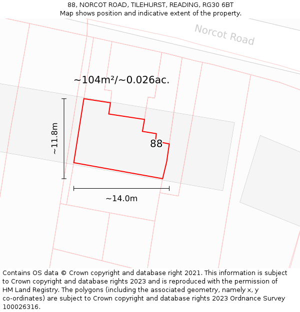 88, NORCOT ROAD, TILEHURST, READING, RG30 6BT: Plot and title map