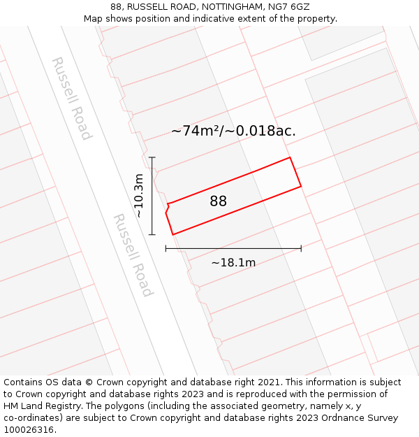 88, RUSSELL ROAD, NOTTINGHAM, NG7 6GZ: Plot and title map