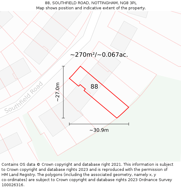 88, SOUTHFIELD ROAD, NOTTINGHAM, NG8 3PL: Plot and title map