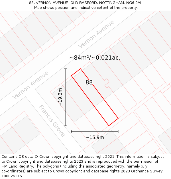 88, VERNON AVENUE, OLD BASFORD, NOTTINGHAM, NG6 0AL: Plot and title map