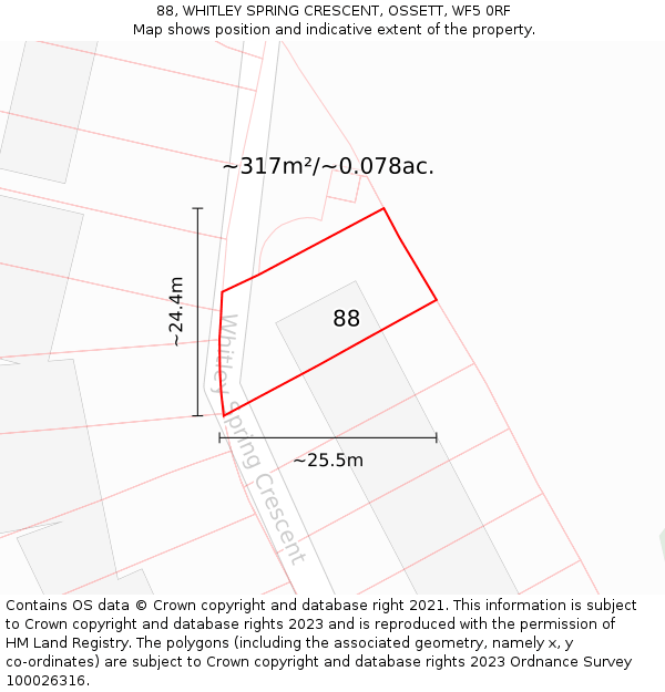 88, WHITLEY SPRING CRESCENT, OSSETT, WF5 0RF: Plot and title map