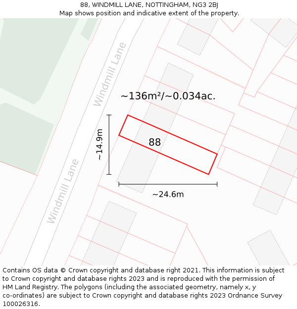 88, WINDMILL LANE, NOTTINGHAM, NG3 2BJ: Plot and title map