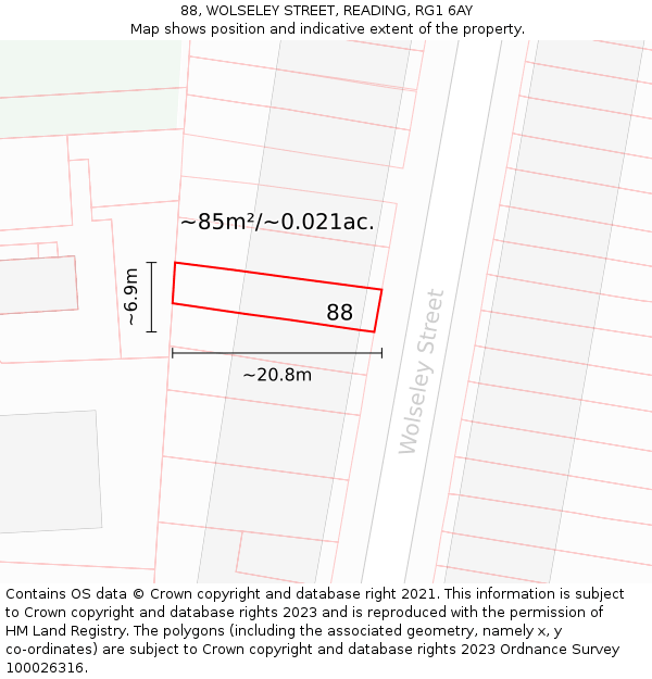 88, WOLSELEY STREET, READING, RG1 6AY: Plot and title map