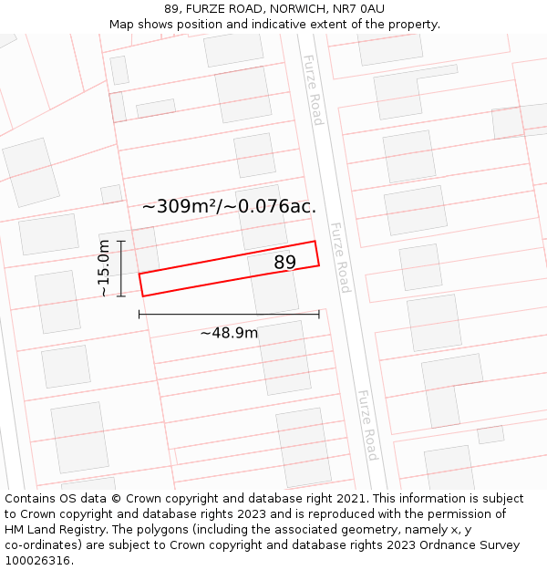 89, FURZE ROAD, NORWICH, NR7 0AU: Plot and title map