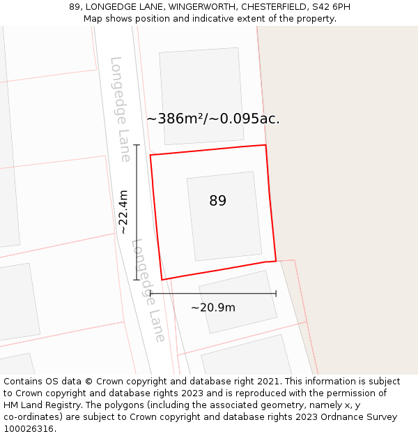89, LONGEDGE LANE, WINGERWORTH, CHESTERFIELD, S42 6PH: Plot and title map
