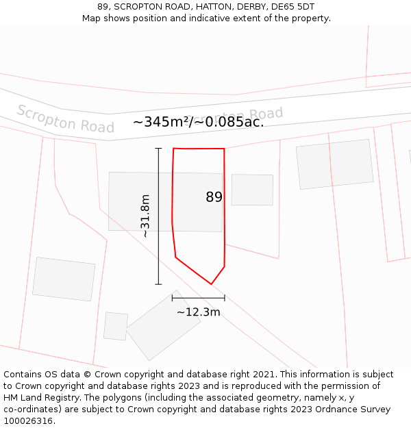 89, SCROPTON ROAD, HATTON, DERBY, DE65 5DT: Plot and title map