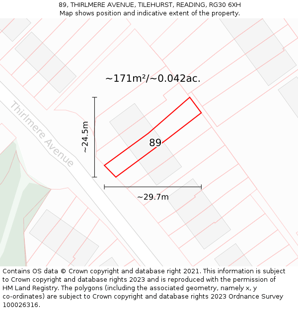 89, THIRLMERE AVENUE, TILEHURST, READING, RG30 6XH: Plot and title map