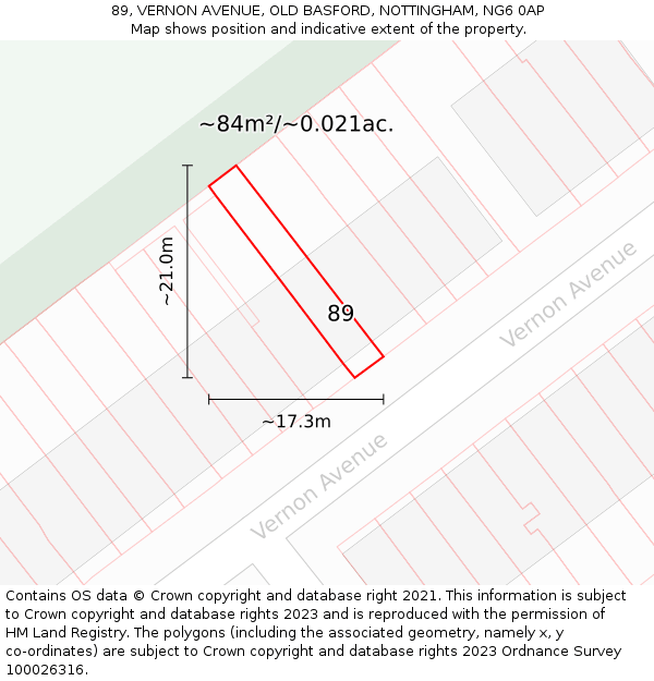 89, VERNON AVENUE, OLD BASFORD, NOTTINGHAM, NG6 0AP: Plot and title map