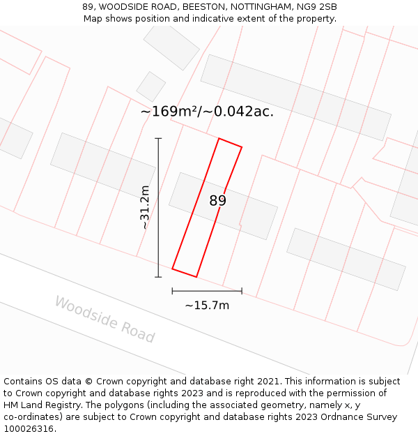 89, WOODSIDE ROAD, BEESTON, NOTTINGHAM, NG9 2SB: Plot and title map