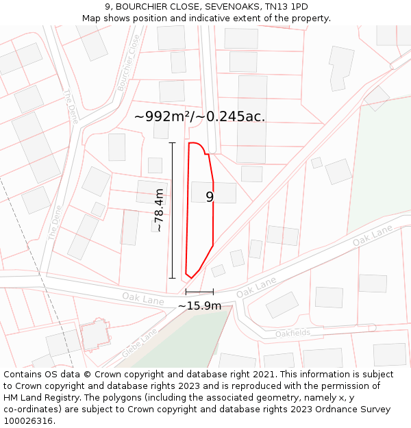 9, BOURCHIER CLOSE, SEVENOAKS, TN13 1PD: Plot and title map