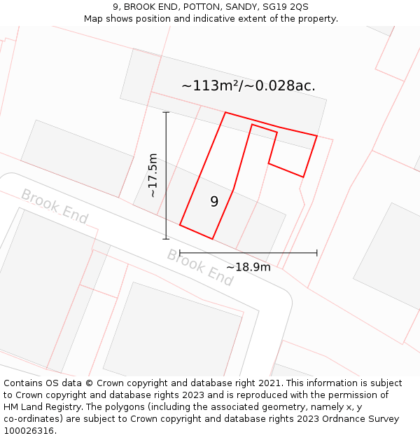9, BROOK END, POTTON, SANDY, SG19 2QS: Plot and title map