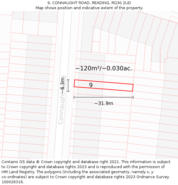 9, CONNAUGHT ROAD, READING, RG30 2UD: Plot and title map