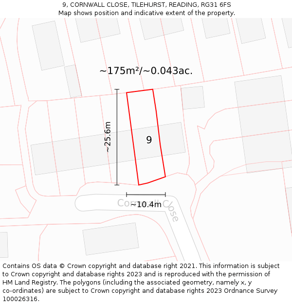9, CORNWALL CLOSE, TILEHURST, READING, RG31 6FS: Plot and title map