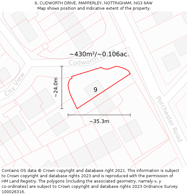 9, CUDWORTH DRIVE, MAPPERLEY, NOTTINGHAM, NG3 6AW: Plot and title map