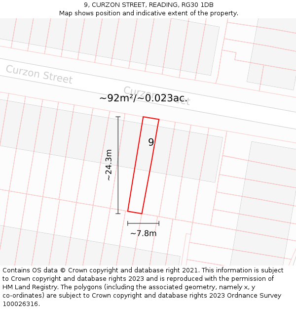 9, CURZON STREET, READING, RG30 1DB: Plot and title map