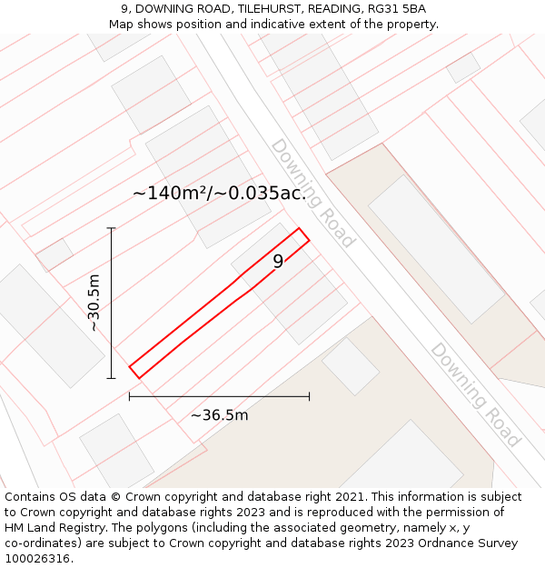 9, DOWNING ROAD, TILEHURST, READING, RG31 5BA: Plot and title map