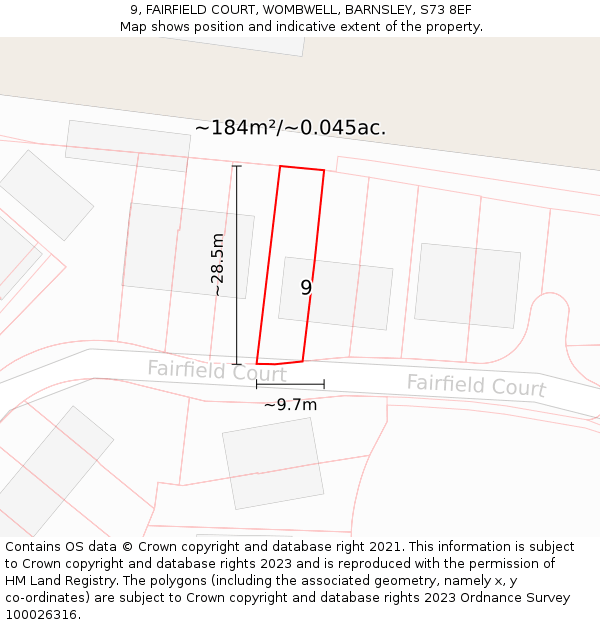 9, FAIRFIELD COURT, WOMBWELL, BARNSLEY, S73 8EF: Plot and title map
