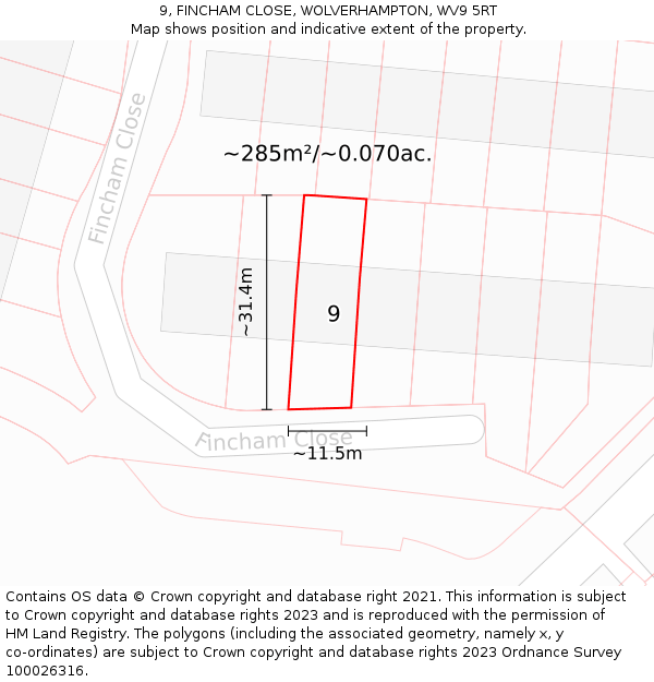 9, FINCHAM CLOSE, WOLVERHAMPTON, WV9 5RT: Plot and title map