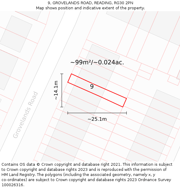 9, GROVELANDS ROAD, READING, RG30 2PN: Plot and title map