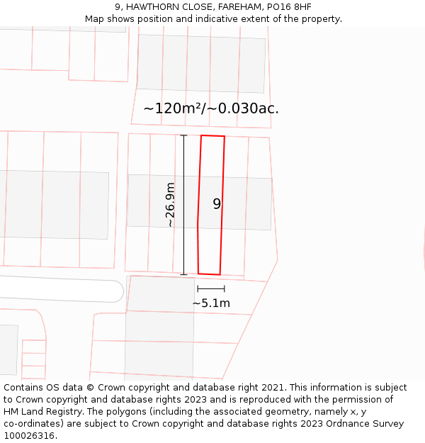 9, HAWTHORN CLOSE, FAREHAM, PO16 8HF: Plot and title map