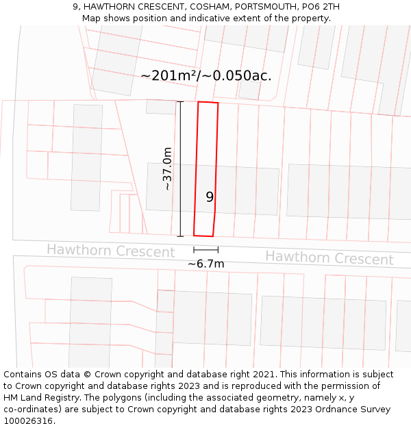 9, HAWTHORN CRESCENT, COSHAM, PORTSMOUTH, PO6 2TH: Plot and title map