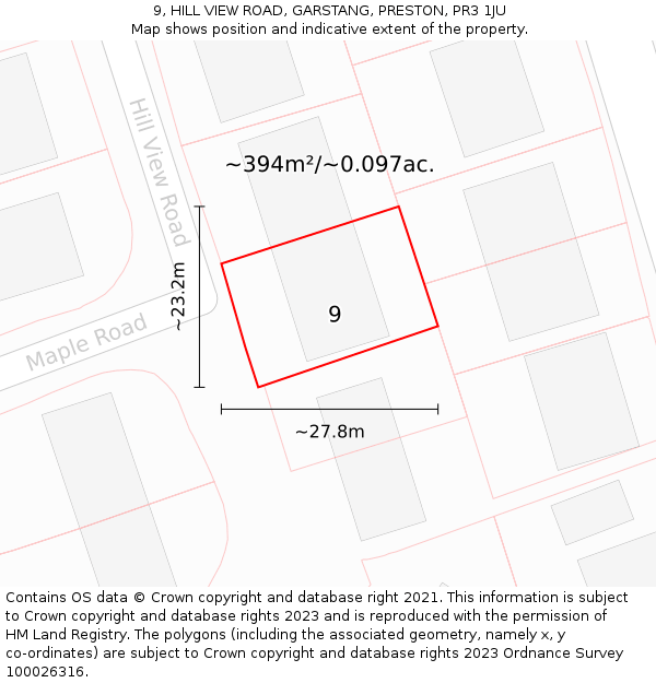 9, HILL VIEW ROAD, GARSTANG, PRESTON, PR3 1JU: Plot and title map