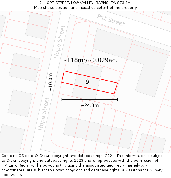 9, HOPE STREET, LOW VALLEY, BARNSLEY, S73 8AL: Plot and title map