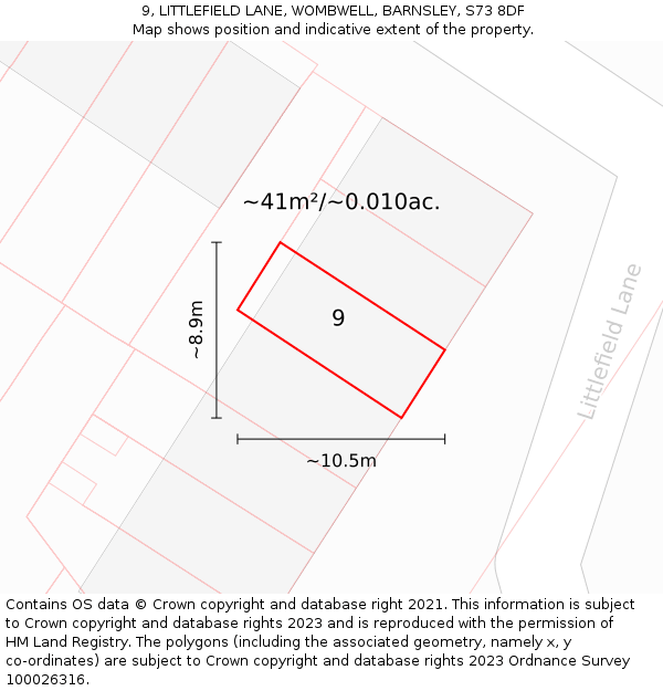 9, LITTLEFIELD LANE, WOMBWELL, BARNSLEY, S73 8DF: Plot and title map