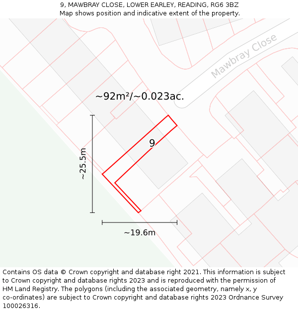 9, MAWBRAY CLOSE, LOWER EARLEY, READING, RG6 3BZ: Plot and title map