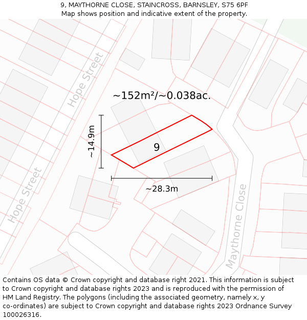 9, MAYTHORNE CLOSE, STAINCROSS, BARNSLEY, S75 6PF: Plot and title map