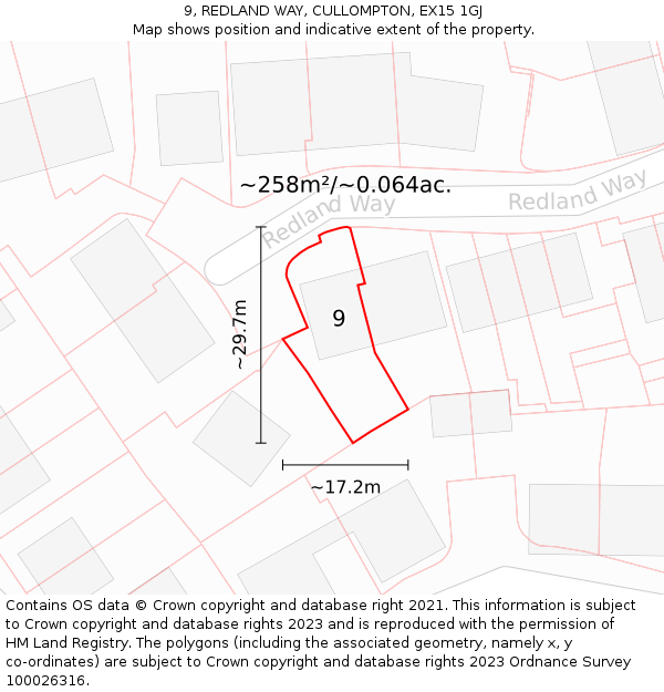 9, REDLAND WAY, CULLOMPTON, EX15 1GJ: Plot and title map