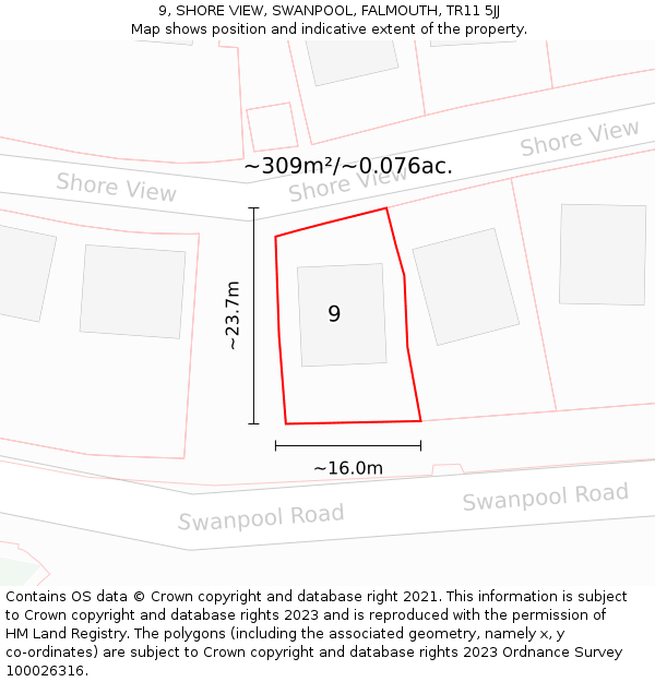9, SHORE VIEW, SWANPOOL, FALMOUTH, TR11 5JJ: Plot and title map