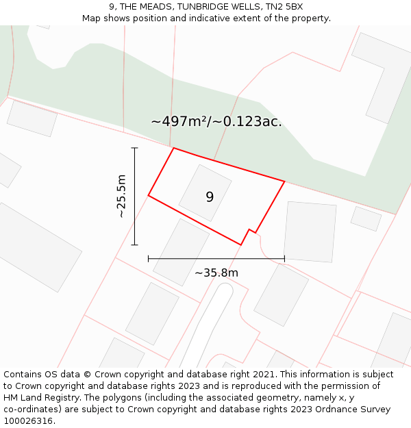 9, THE MEADS, TUNBRIDGE WELLS, TN2 5BX: Plot and title map