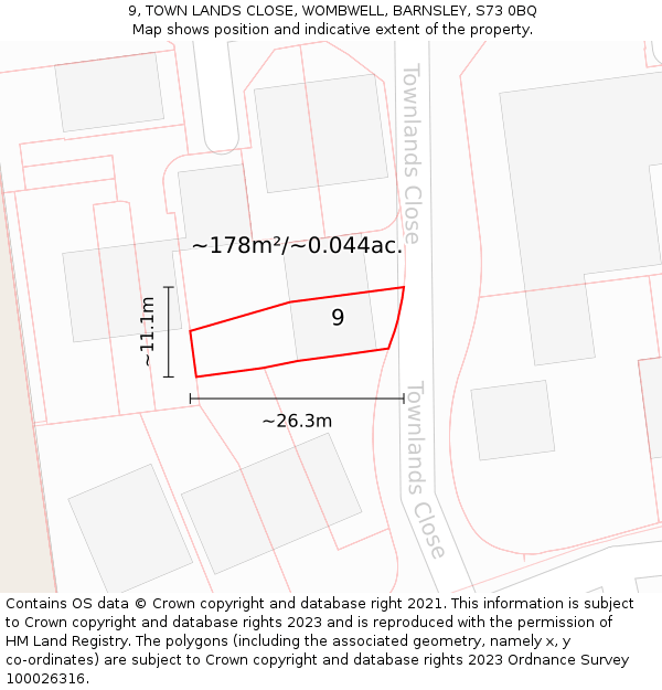9, TOWN LANDS CLOSE, WOMBWELL, BARNSLEY, S73 0BQ: Plot and title map