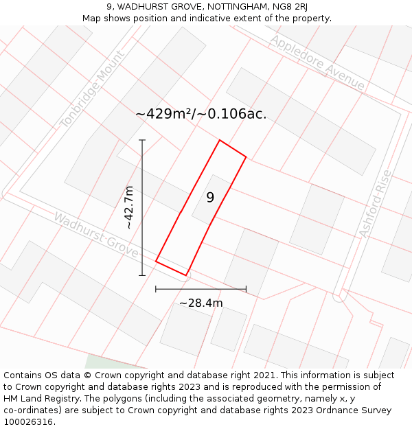 9, WADHURST GROVE, NOTTINGHAM, NG8 2RJ: Plot and title map