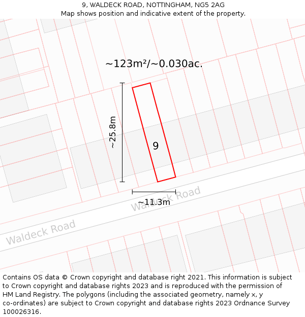 9, WALDECK ROAD, NOTTINGHAM, NG5 2AG: Plot and title map