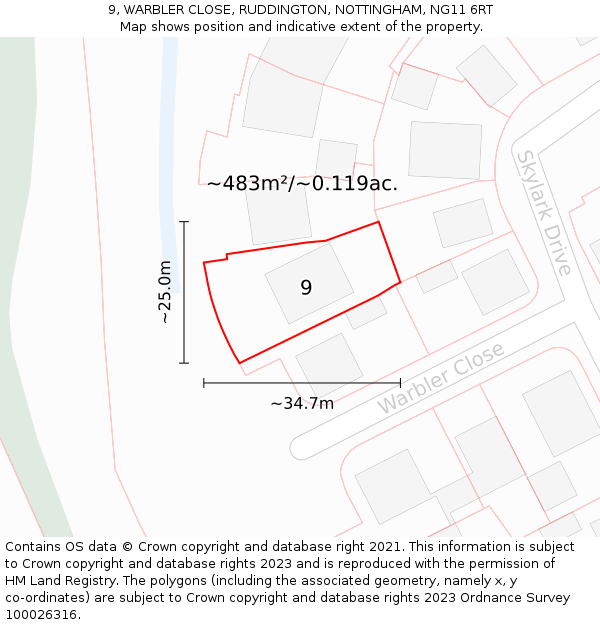 9, WARBLER CLOSE, RUDDINGTON, NOTTINGHAM, NG11 6RT: Plot and title map