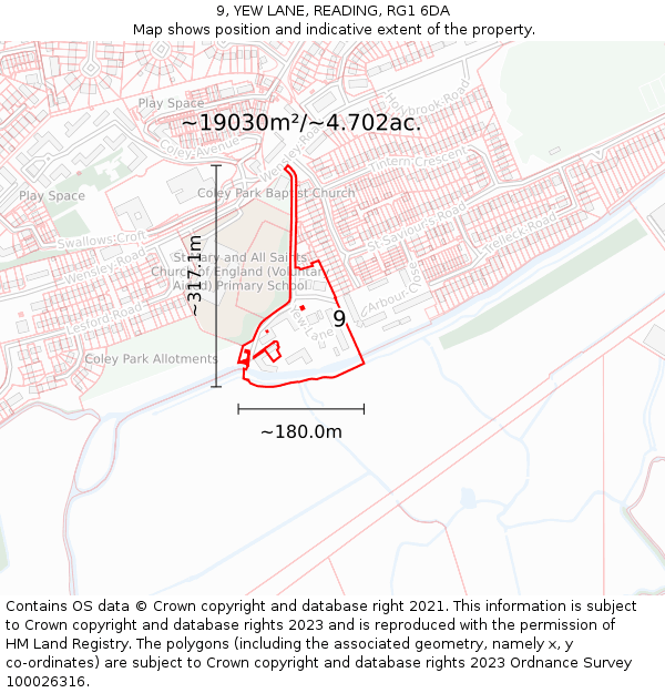 9, YEW LANE, READING, RG1 6DA: Plot and title map