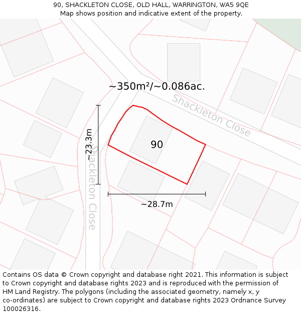 90, SHACKLETON CLOSE, OLD HALL, WARRINGTON, WA5 9QE: Plot and title map