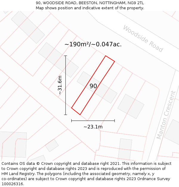 90, WOODSIDE ROAD, BEESTON, NOTTINGHAM, NG9 2TL: Plot and title map