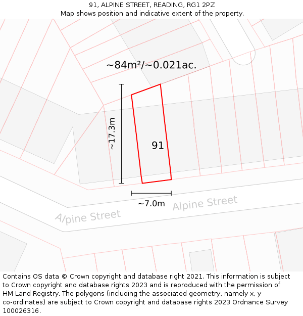 91, ALPINE STREET, READING, RG1 2PZ: Plot and title map
