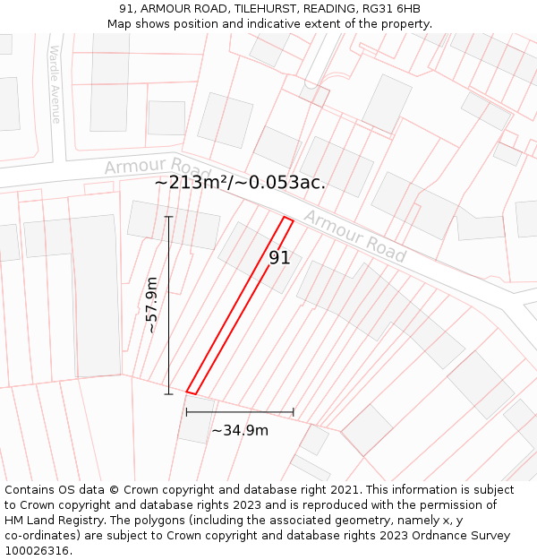 91, ARMOUR ROAD, TILEHURST, READING, RG31 6HB: Plot and title map