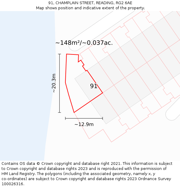 91, CHAMPLAIN STREET, READING, RG2 6AE: Plot and title map